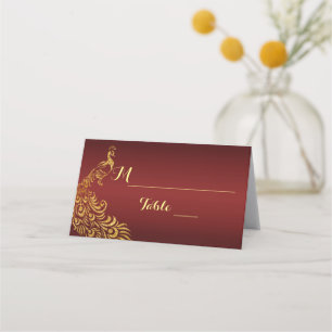 Royal Burgundy Gold Peacock Wedding Plaatskaartje