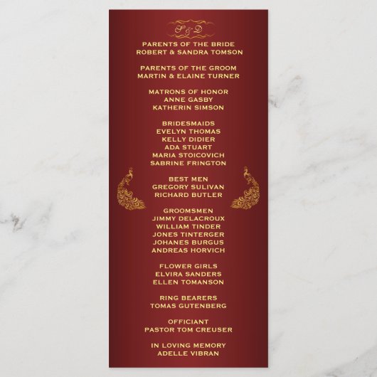 Royal Burgundy Gold Peacock Wedding Program Custom Programmakaart (Achterkant)