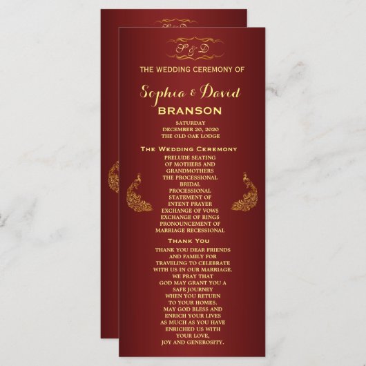Royal Burgundy Gold Peacock Wedding Program Custom Programmakaart (Voorkant / Achterkant)