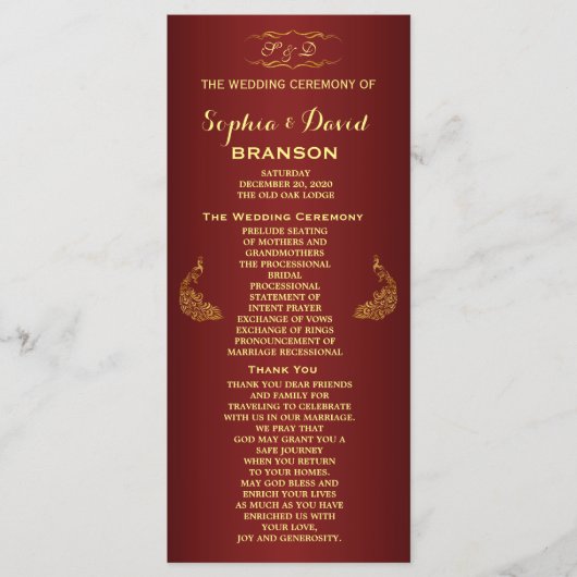 Royal Burgundy Gold Peacock Wedding Program Custom Programmakaart (Voorkant)