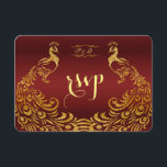 Royal Burgundy Gold Peacock Wedding RSVP Kaartje<br><div class="desc">Uniek ontwerp met een Royal Burgundy Gradient-achtergrond en abstracte Gold Sparking Peacocks voor uw speciale bruiloft. Het zal een unieke indruk geven op je trouwstijl. Wees anders! Pas je eigen gegevens aan. Als u de tekst moet verplaatsen of de grootte, het lettertype of de kleur moet wijzigen, klikt u op...</div>