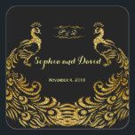 Royal Burgundy Gold Peacock Wedding Vierkante Sticker<br><div class="desc">Uniek ontwerp met een Royal Burgundy Gradient-achtergrond en abstracte Gold Sparking Peacocks voor uw speciale bruiloft. Het zal een unieke indruk geven op je trouwstijl. Wees anders! Pas je eigen gegevens aan. Als u de tekst moet verplaatsen of de grootte, het lettertype of de kleur moet wijzigen, klikt u op...</div>