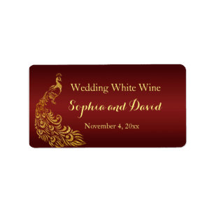 Royal Burgundy Gold Peacock Wedding Wine Favor Etiket