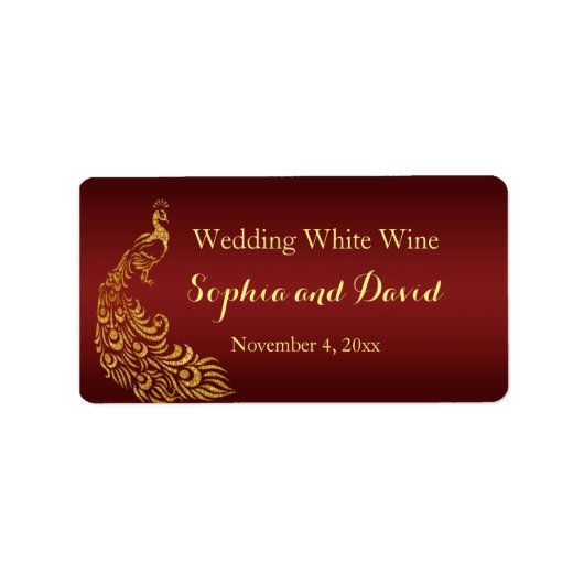 Royal Burgundy Gold Peacock Wedding Wine Favor Etiket (Voorkant)