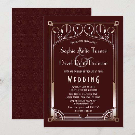 Royal Burgundy Great Gatsby Gold Art Deco Wedding Kaart (Voorkant / Achterkant)
