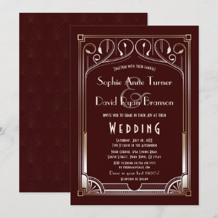 Royal Burgundy Great Gatsby Gold Art Deco Wedding Kaart