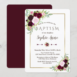Royal Burgundy Marsala Floral Girl Baptism Invite Kaart