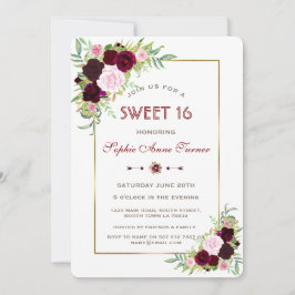 Royal Burgundy Marsala Floral Gold Sweet 16 Kaart