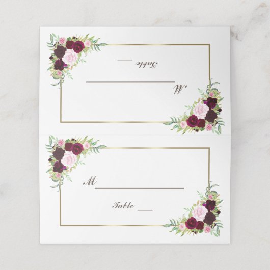 Royal Burgundy Marsala Floral Gold Table Number Plaatskaartje (Buitenkant ongevouwen)
