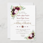 Royal Burgundy Marsala Floral Gold Wedding Kaart (Voorkant)