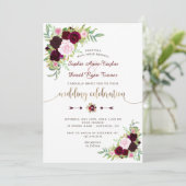 Royal Burgundy Marsala Floral Gold Wedding Kaart (Staand voorkant)