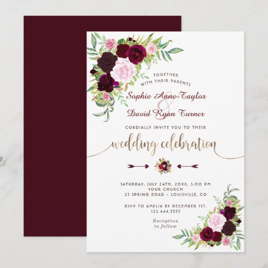 Royal Burgundy Marsala Floral Gold Wedding Kaart (Voorkant / Achterkant)