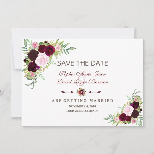 Royal Burgundy Marsala Floral redt de datum Save The Date (Voorkant)