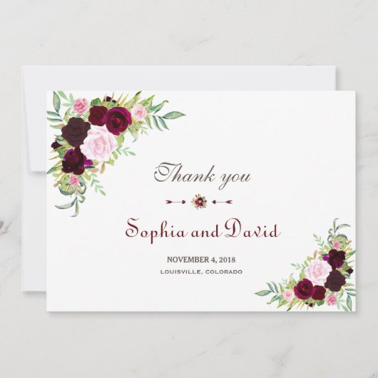Royal Burgundy Marsala Floral Wedding Bedankt (Voorkant)
