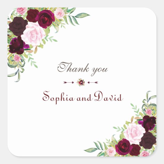 Royal Burgundy Marsala Floral Wedding Vierkante Sticker (Voorkant)
