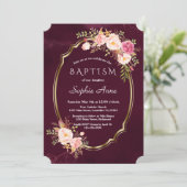 Royal Burgundy Pink Floral Gold Lijst Girl Baptism Kaart (Staand voorkant)