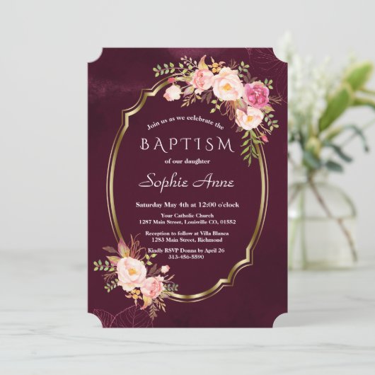 Royal Burgundy Pink Floral Gold Lijst Girl Baptism Kaart (Staand voorkant)