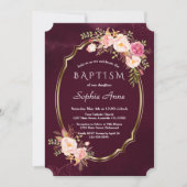 Royal Burgundy Pink Floral Gold Lijst Girl Baptism Kaart (Voorkant)