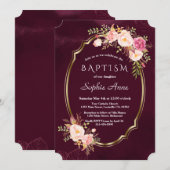 Royal Burgundy Pink Floral Gold Lijst Girl Baptism Kaart (Voorkant / Achterkant)