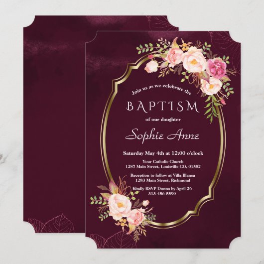 Royal Burgundy Pink Floral Gold Lijst Girl Baptism Kaart (Voorkant / Achterkant)