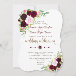 Royal Burgundy Pink Floral Gold Wedding Kaart