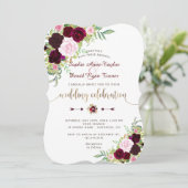 Royal Burgundy Pink Floral Gold Wedding Kaart (Staand voorkant)