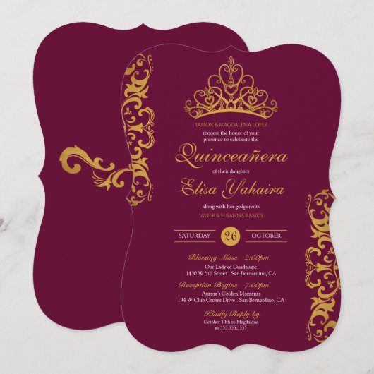 Royal Burgundy Plum Gold Elegant Crown Quinceañera Kaart (Voorkant / Achterkant)