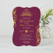 Royal Burgundy Plum Gold Elegant Crown Quinceañera Kaart (Staand voorkant)