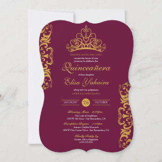 Royal Burgundy Plum Gold Elegant Crown Quinceañera Kaart