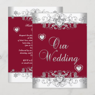 Royal Burgundy Red Wedding Silver Diamond Hearts Kaart