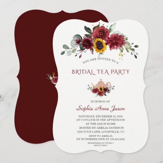 Royal Burgundy Sunflower Bridal Tea Kaart (Voorkant / Achterkant)