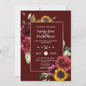 Royal Burgundy Sunflower Gold Wedding Kaart (Voorkant)
