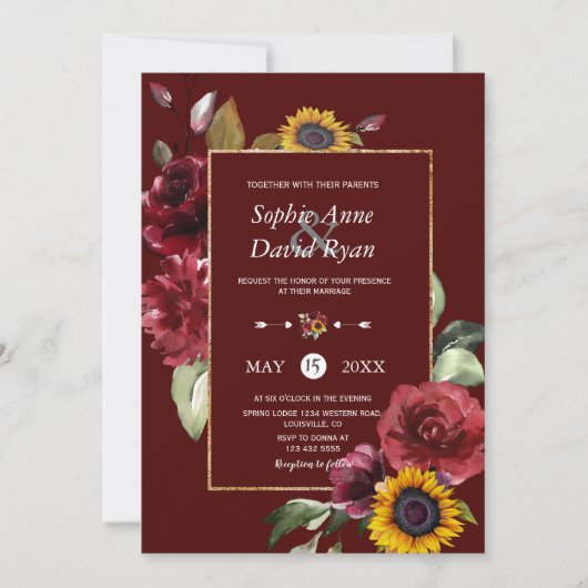 Royal Burgundy Sunflower Gold Wedding Kaart (Voorkant)