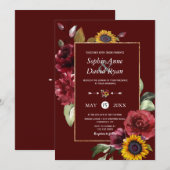 Royal Burgundy Sunflower Gold Wedding Kaart (Voorkant / Achterkant)
