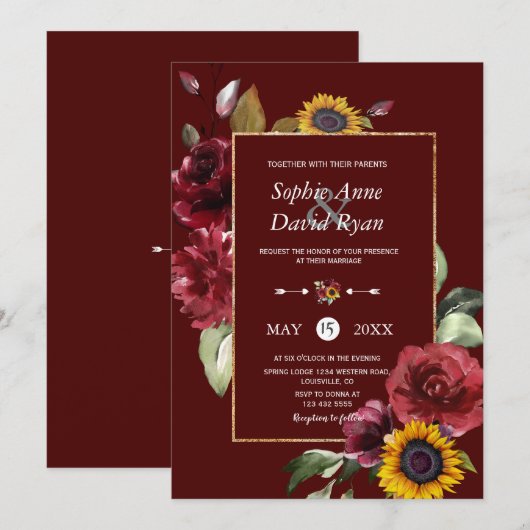 Royal Burgundy Sunflower Gold Wedding Kaart (Voorkant / Achterkant)