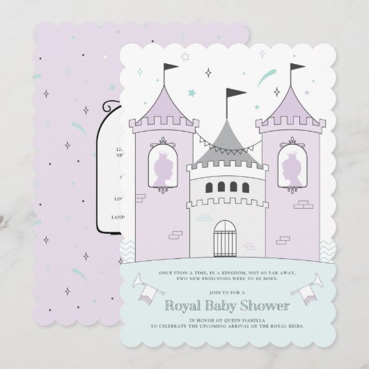 Royal Castle Girl Twins Baby shower Invitation Kaart (Voorkant / Achterkant)