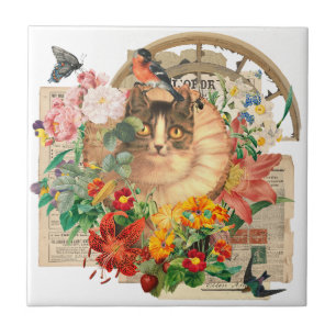 Royal Cat met Friend Bird en Wildbloemen Tegeltje