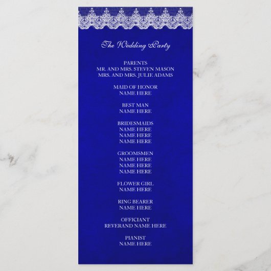 Royal Cobalt Blue White Lace Wedding Programme Programmakaart (Achterkant)