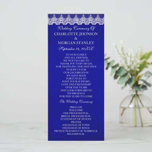 Royal Cobalt Blue White Lace Wedding Programme Programmakaart (Staand voorkant)