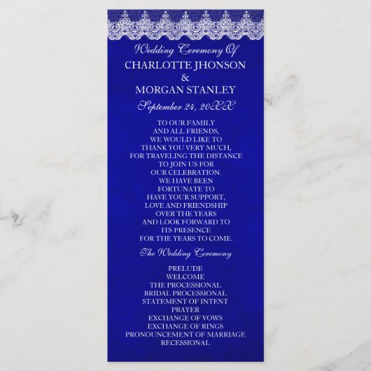 Royal Cobalt Blue White Lace Wedding Programme Programmakaart (Voorkant)