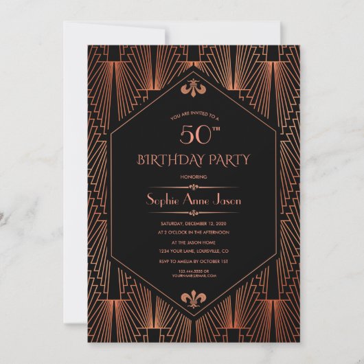 Royal Copper Black Great Gatsby 20s Birthday Party Kaart (Voorkant)