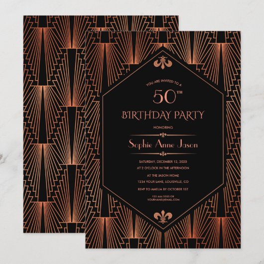 Royal Copper Black Great Gatsby 20s Birthday Party Kaart (Voorkant / Achterkant)