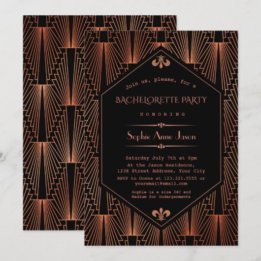Royal Copper Black Great Gatsby Bachelorette Party Kaart (Voorkant / Achterkant)