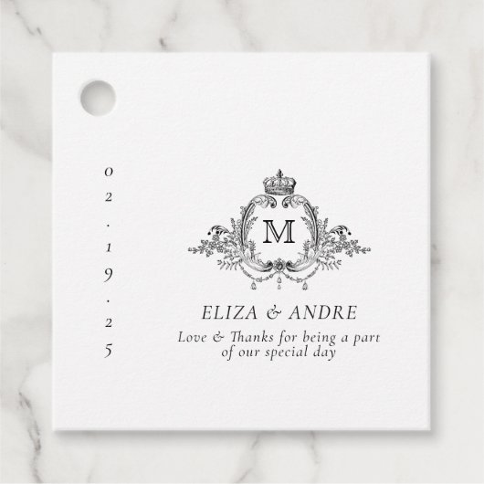Royal Crest Elegante krans Monogram bruiloft Bedankjes Labels (Voorkant)