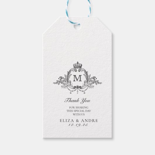 Royal Crest Elegante krans Monogram bruiloft Cadeaulabel (Voorkant)