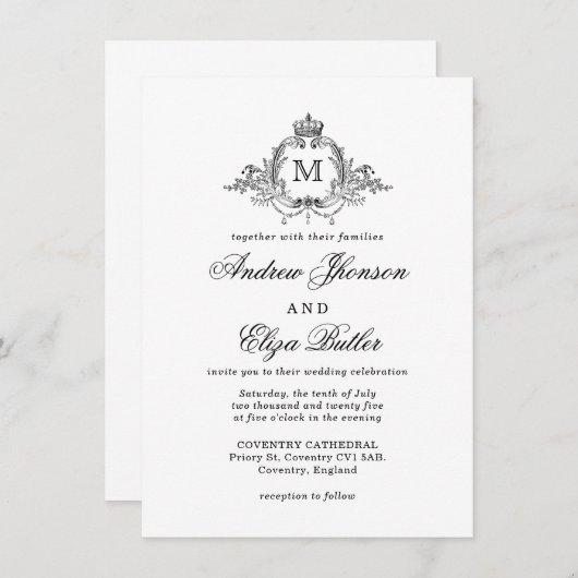Royal Crest Elegante krans Monogram bruiloft Kaart (Voorkant / Achterkant)