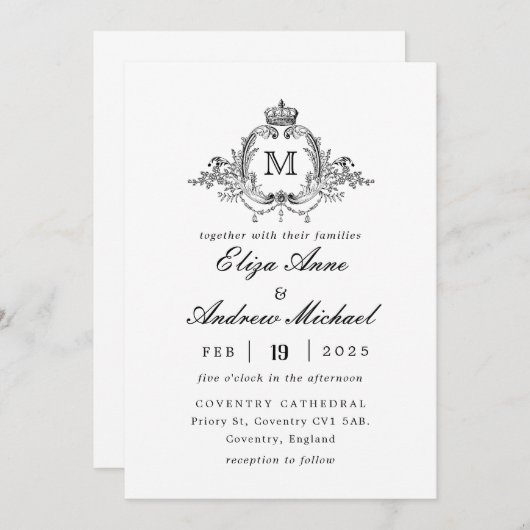 Royal Crest Elegante krans Monogram bruiloft Kaart (Voorkant / Achterkant)