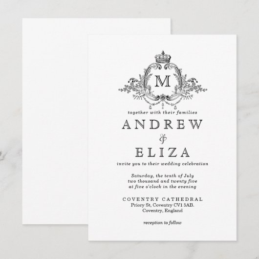 Royal Crest Elegante krans Monogram bruiloft Kaart (Voorkant / Achterkant)