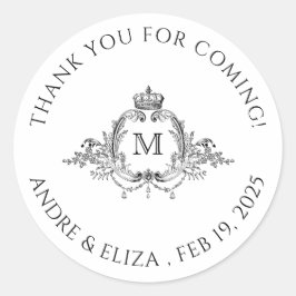 Royal Crest Elegante krans Monogram bruiloft Ronde Sticker