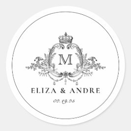 Royal Crest Elegante krans Monogram bruiloft Ronde Sticker
